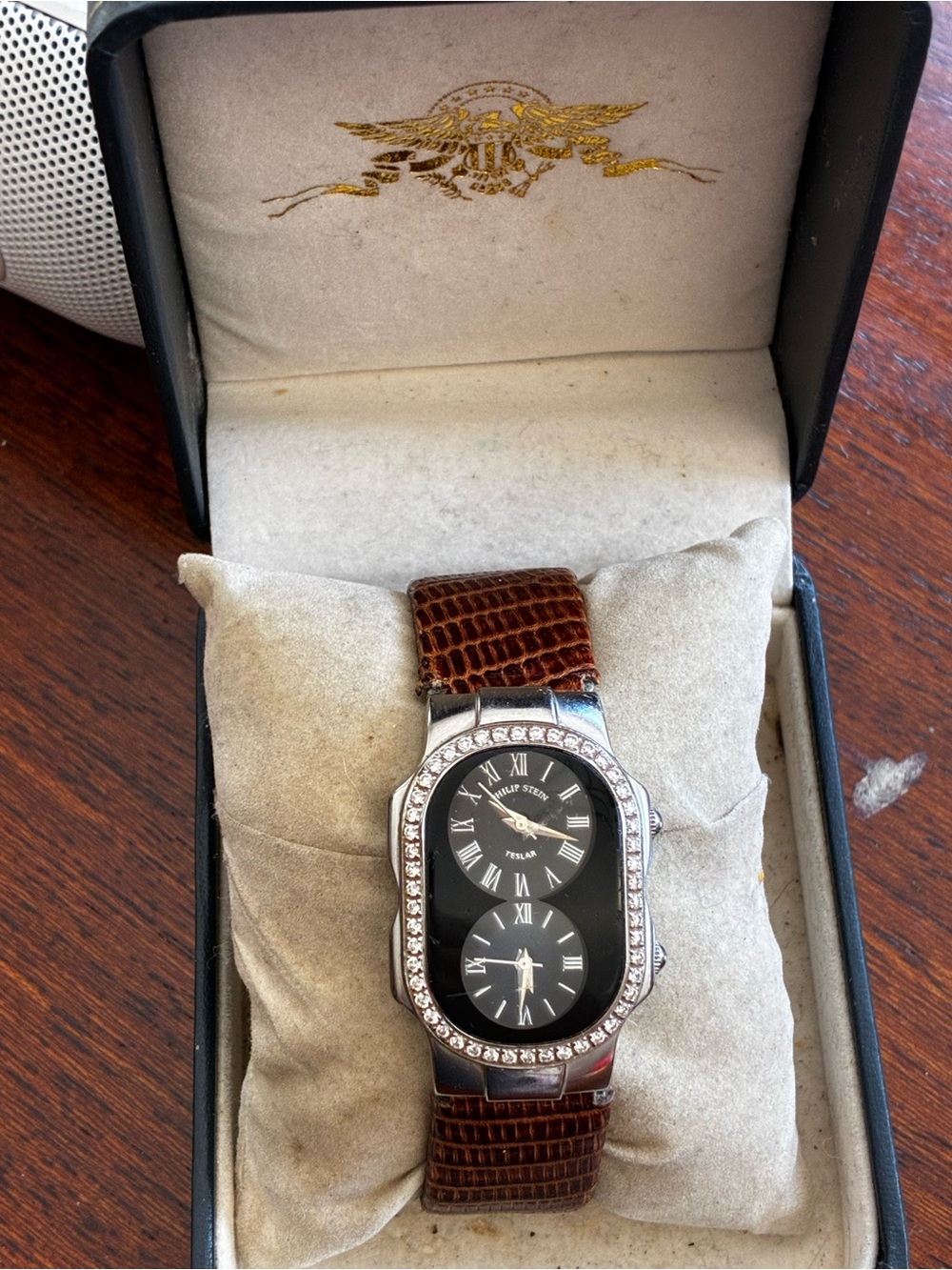 Philip Stein Teslar Dual Time Watch Real Diamond Bezel Lizard Strap New Battery